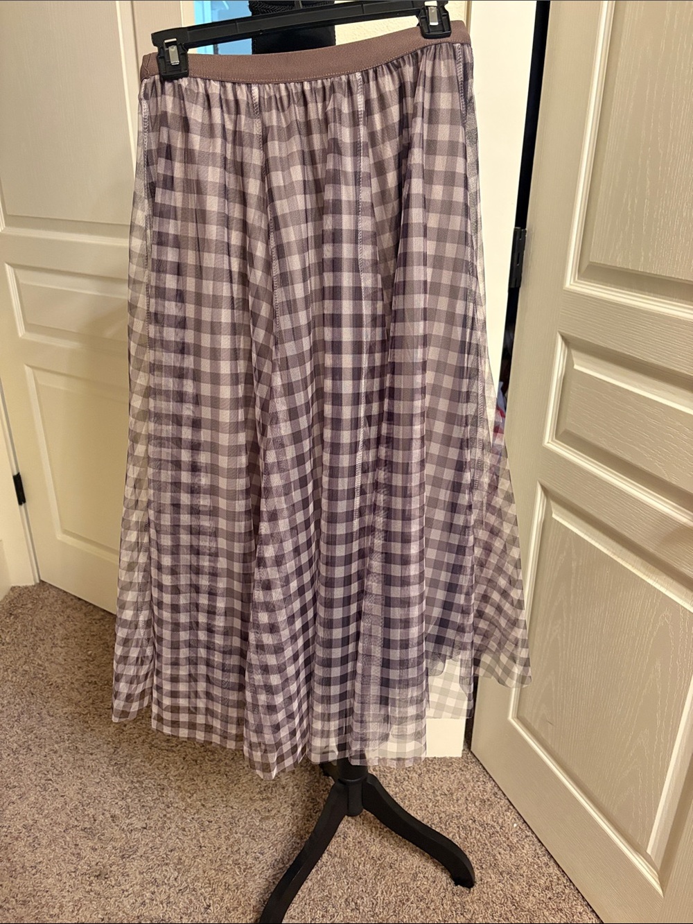 Gingham Tulle Midi Skirt in Brown and Tan